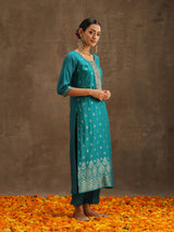 Women's Green Pure Silk Zari Work Kurta & Pure Silk Solid Trousers with Printed & Jacquard Work Dupatta
