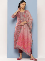 Women's Red Silk Blend Mirror Work Straight Kurta & Silk Blend Solid Trousers & Mauve Silk Blend Dupatta