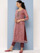 Women's Red Silk Blend Mirror Work Straight Kurta & Silk Blend Solid Trousers & Mauve Silk Blend Dupatta