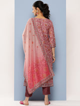 Women's Red Silk Blend Mirror Work Straight Kurta & Silk Blend Solid Trousers & Mauve Silk Blend Dupatta