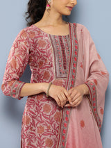 Women's Red Silk Blend Mirror Work Straight Kurta & Silk Blend Solid Trousers & Mauve Silk Blend Dupatta