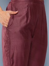 Women's Red Silk Blend Mirror Work Straight Kurta & Silk Blend Solid Trousers & Mauve Silk Blend Dupatta