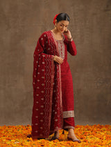 Women's Red Silk Blend Embroidered Kurta & Silk Blend Solid Trousers with Maroon Embroidered Dupatta
