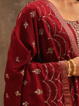 Women's Red Silk Blend Embroidered Kurta & Silk Blend Solid Trousers with Maroon Embroidered Dupatta