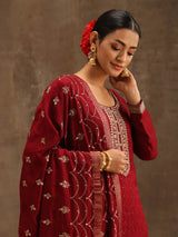 Women's Red Silk Blend Embroidered Kurta & Silk Blend Solid Trousers with Maroon Embroidered Dupatta