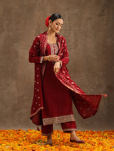 Women's Red Silk Blend Embroidered Kurta & Silk Blend Solid Trousers with Maroon Embroidered Dupatta