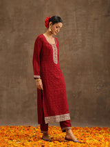Women's Red Silk Blend Embroidered Kurta & Silk Blend Solid Trousers with Maroon Embroidered Dupatta