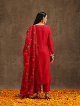 Women's Pink Silk Blend Embroidered Kurta & Silk Blend Solid Trousers with Pink Embroidered Dupatta