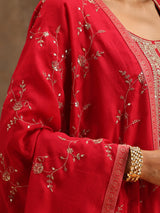 Women's Pink Silk Blend Embroidered Kurta & Silk Blend Solid Trousers with Pink Embroidered Dupatta