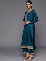 Women's Teal Embroidered Kurta & Silk Blend Solid Trousers With Dupatta