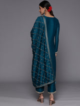 Women's Teal Embroidered Kurta & Silk Blend Solid Trousers With Dupatta