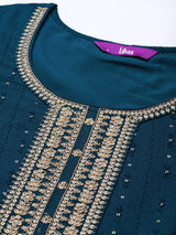 Women's Teal Embroidered Kurta & Silk Blend Solid Trousers With Dupatta