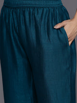 Women's Teal Embroidered Kurta & Silk Blend Solid Trousers With Dupatta