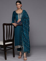 Women's Teal Embroidered Kurta & Silk Blend Solid Trousers With Dupatta