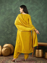 Women's Yellow Gracefully Beaded Yoke Kurta Paired with Solid Trouser and Dupatta