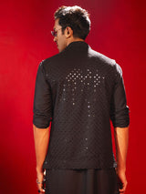 Men's Black Silk Blend Embroidered Sequinned Full Sleeves Nehru Jacket