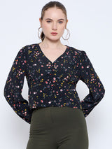 Women's Black Floral Print V-Neck Top
