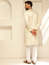 Men's Cream Cotton Silk Long Kurta with Elegant Neck Embroidery