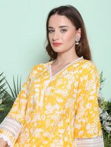 Women's Yellow Ethnic Three Quarter Sleeves Kurta Set
