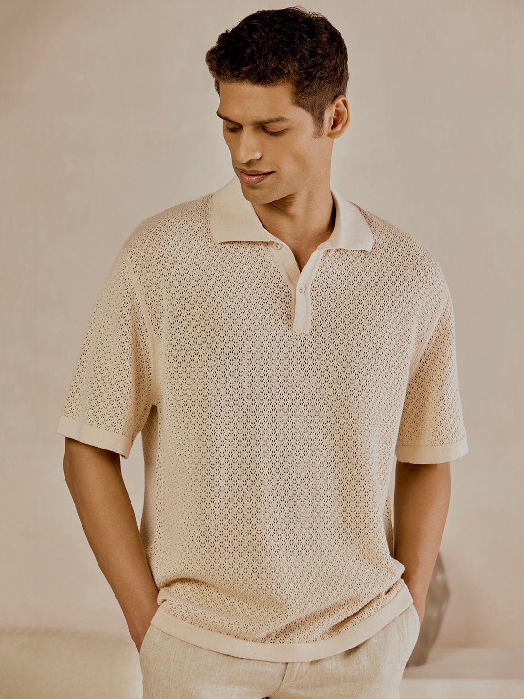 Men's Beige Casual Relaxed Fit Printed Half Sleeves Polo Tshirt