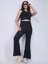 Women's Black Criss Cross Waist Band Flared Leggings