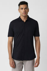 Men's Navy Casual Slim Fit Solid Half Sleeves Shirt