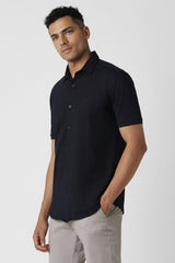 Men's Navy Casual Slim Fit Solid Half Sleeves Shirt
