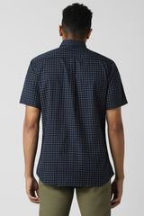 Men's Navy Casual Slim Fit Checked Half Sleeves Shirt