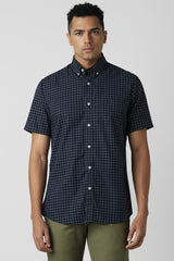 Men's Navy Casual Slim Fit Checked Half Sleeves Shirt