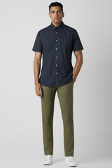 Men's Navy Casual Slim Fit Checked Half Sleeves Shirt