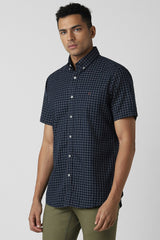 Men's Navy Casual Slim Fit Checked Half Sleeves Shirt