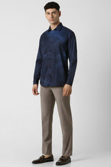 Men's Navy Party Slim Fit Printed Full Sleeves Shirt