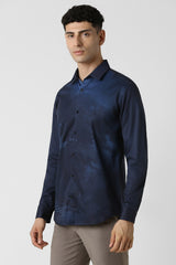 Men's Navy Party Slim Fit Printed Full Sleeves Shirt