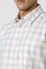 Men's Beige Casual Slim Fit Checked Half Sleeves Shirt