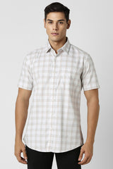 Men's Beige Casual Slim Fit Checked Half Sleeves Shirt