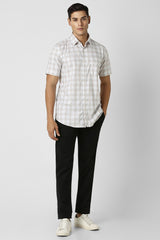 Men's Beige Casual Slim Fit Checked Half Sleeves Shirt