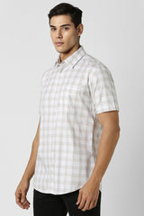 Men's Beige Casual Slim Fit Checked Half Sleeves Shirt