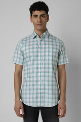 Men's Green Casual Slim Fit Checked Half Sleeves Shirt