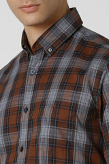 Men's Brown Casual Slim Fit Checked Full Sleeves Shirt