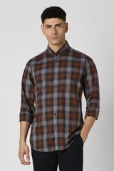 Men's Brown Casual Slim Fit Checked Full Sleeves Shirt