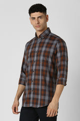 Men's Brown Casual Slim Fit Checked Full Sleeves Shirt