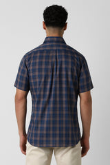 Men's Navy Casual Slim Fit Checked Half Sleeves Shirt