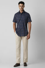 Men's Navy Casual Slim Fit Checked Half Sleeves Shirt