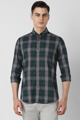 Men's Green Casual Slim Fit Checked Full Sleeves Shirt