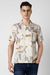 Men's Beige Party Regular Fit Printed Half Sleeves Shirt