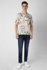 Men's Beige Party Regular Fit Printed Half Sleeves Shirt