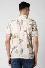 Men's Beige Party Regular Fit Printed Half Sleeves Shirt