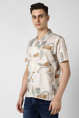 Men's Beige Party Regular Fit Printed Half Sleeves Shirt