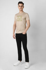 Men's Beige Casual Slim Fit Printed Half Sleeves Tshirt