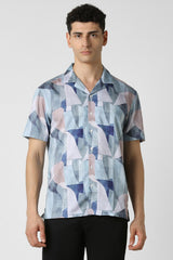 Men's Blue Party Regular Fit Printed Half Sleeves Shirt